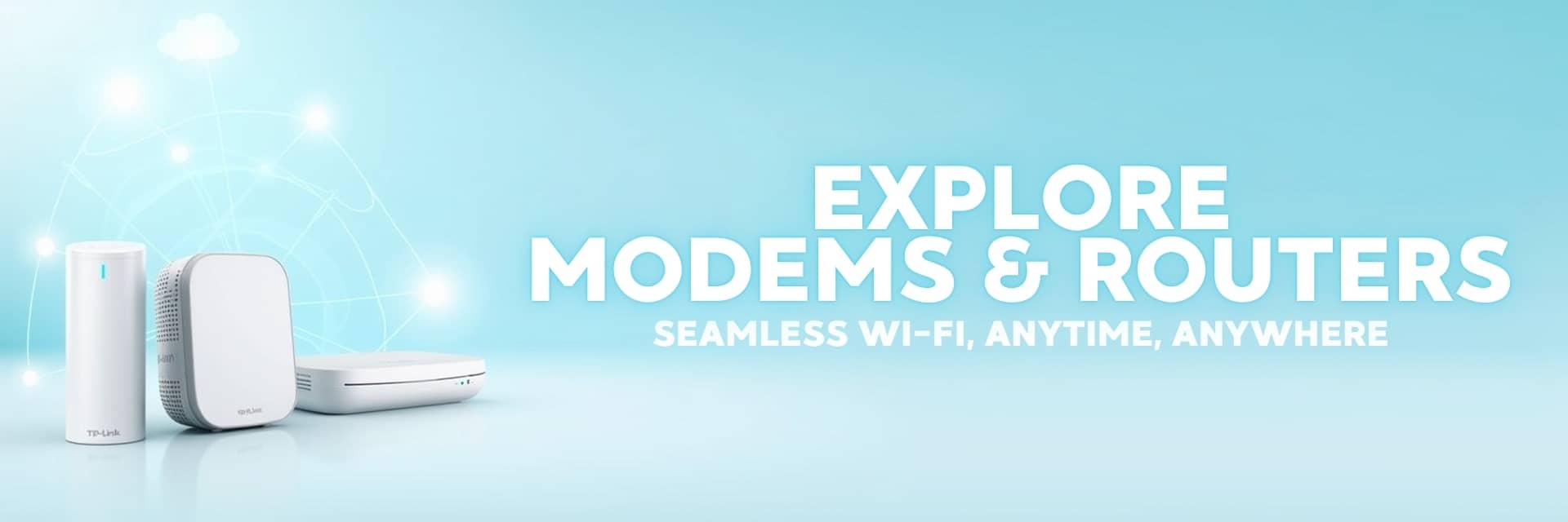 Modems and routers banner featuring TP-Link, ZTE, Intellinet, HP, Mercusys, Vodafone, and Micronet networking devices for fast and reliable internet – NovaTech South Africa