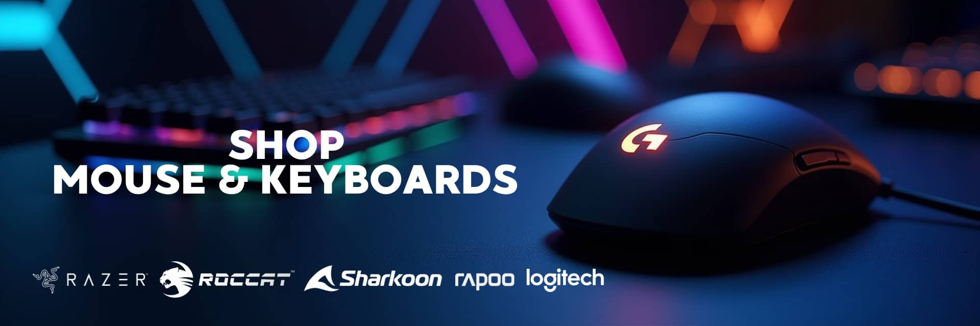 Keyboards and mice banner featuring Logitech, Razer, Roccat, KWG, Dell, HP, Rapoo, Gamdias, and Sharkoon for work and gaming – NovaTech South Africa.