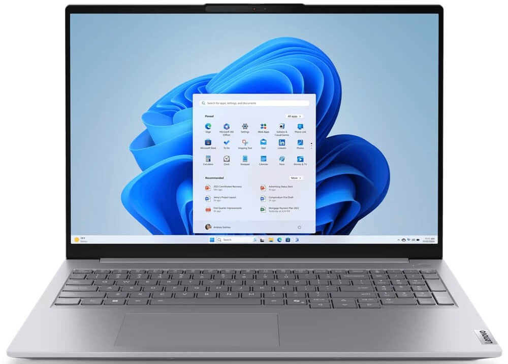 Lenovo ThinkBook Ultra 7 laptop with sleek silver body and open screen showing Windows desktop
